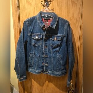 Talbots Classic Blue Denim Jacket with Red Plaid Accent